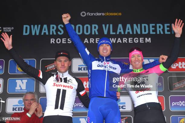 Podium / Mike Teunissen of The Netherlands and Team Sunweb / Yves Lampaert of Belgium and Team Quick-Step Floors / Sep Vanmarcke of Belgium and Team...