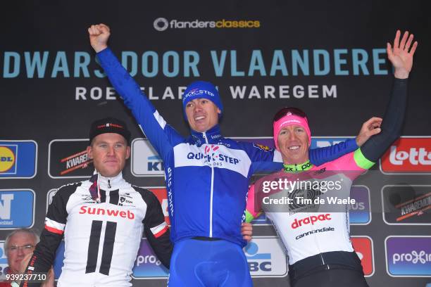 Podium / Mike Teunissen of The Netherlands and Team Sunweb / Yves Lampaert of Belgium and Team Quick-Step Floors / Sep Vanmarcke of Belgium and Team...