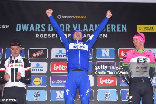 Podium / Mike Teunissen of The Netherlands and Team Sunweb / Yves Lampaert of Belgium and Team Quick-Step Floors / Sep Vanmarcke of Belgium and Team...