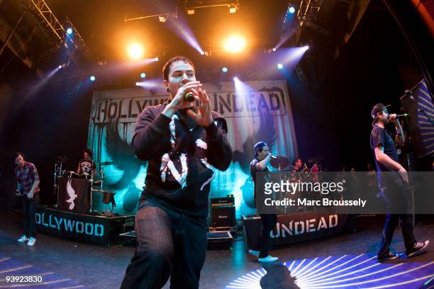 Daniel Murillo, Da Kurlzz, J-Dog, Funny Man and Charlie Scene of Hollywood Undead perform on stage at Shepherds Bush Empire on December 4, 2009 in...