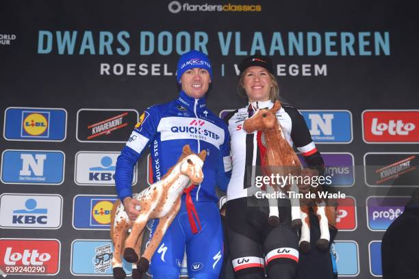 Podium / Yves Lampaert of Belgium and Team Quick-Step Floors / Ellen van Dijk of The Netherlands and Team Sunweb / Celebration / Trophy / during the...