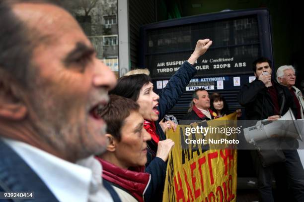 Demonstration against electronic property auctions in Athens, Greece on March 28, 2018. Property auctions are demanded by Greeces creditors and is a...