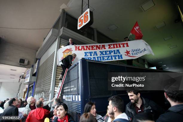 Demonstration against electronic property auctions in Athens, Greece on March 28, 2018. Property auctions are demanded by Greeces creditors and is a...
