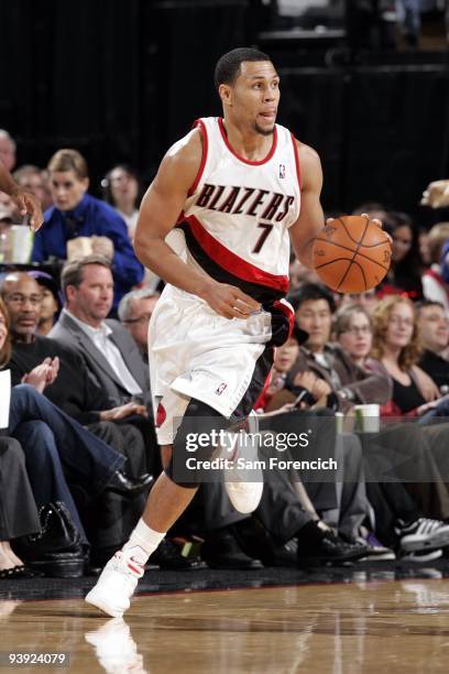 Brandon Roy of the Portland Trail Blazers moves the ball up court during the game against the Detroit Pistons at The Rose Garden on November 18, 2009...