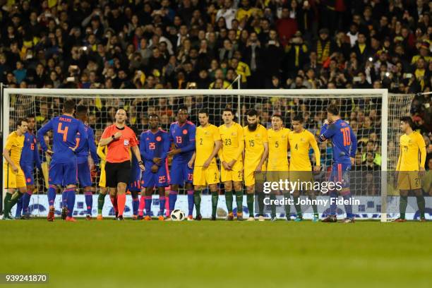 Wall Australia Milos Degenek, Tom Rogic, Mile Jedinak, Mark Milligan and Tim Cahill of Australia, James Rodriguez of Colombia during the...