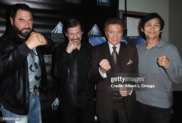 Michael Pare, Mel Novack and Don 'The Dragon' Wilson arrive for the Premiere Of "Mayday" held at Regency Valley Plaza 6 on March 27, 2018 in North...