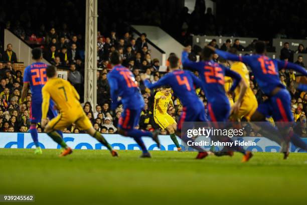 Tom Rogic of Australia shoot a free kick during the International friendly match between Colombia and Australia at Craven Cottage on March 27, 2018...