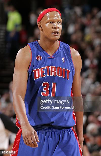 Charlie Villanueva of the Detroit Pistons looks on during the game against the Portland Trail Blazers at The Rose Garden on November 18, 2009 in...