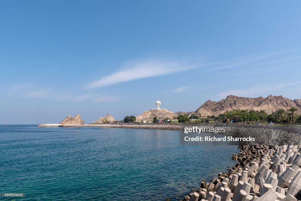 Mutrah coastline in Oman with Riyam park in the far distance