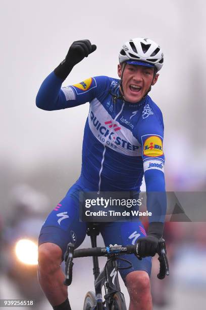 Arrival / Yves Lampaert of Belgium and Team Quick-Step Floors / Celebration / during the 73rd Dwars door Vlaanderen 2018 a 180,1km race from...