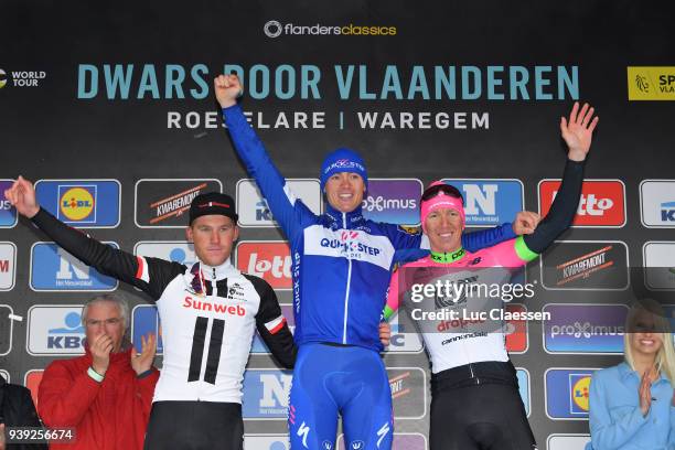 Podium / Mike Teunissen of The Netherlands and Team Sunweb / Yves Lampaert of Belgium and Team Quick-Step Floors / Sep Vanmarcke of Belgium and Team...