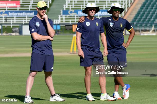 Heinrich Klaasen, AB de Villiers and Vernon Philander of the Proteas during the South African national men's cricket team training session at Bidvest...