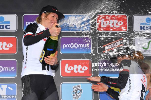 Podium / Ellen van Dijk of The Netherlands and Team Sunweb / Celebration / Champagne / during the 7th Dwars door Vlaanderen 2018 a 117,7km women's...