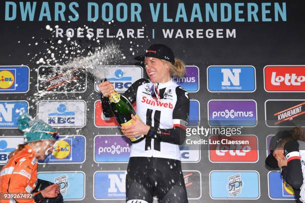 Podium / Ellen van Dijk of The Netherlands and Team Sunweb / Celebration / Champagne / during the 7th Dwars door Vlaanderen 2018 a 117,7km women's...