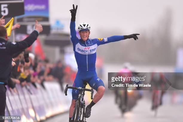 Arrival / Yves Lampaert of Belgium and Team Quick-Step Floors / Celebration / during the 73rd Dwars door Vlaanderen 2018 a 180,1km race from...