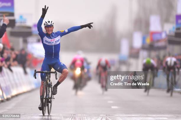 Arrival / Yves Lampaert of Belgium and Team Quick-Step Floors / Celebration / during the 73rd Dwars door Vlaanderen 2018 a 180,1km race from...