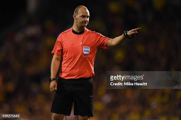 Referee Bobby Madley in action during the International Friendly between Australia and Colombia at Craven Cottage on March 27, 2018 in London,...