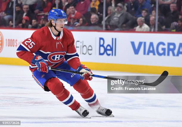 Jacob De La Rose of the Montreal Canadiens skates against the Florida Panthers in the NHL game at the Bell Centre on March 19, 2018 in Montreal,...