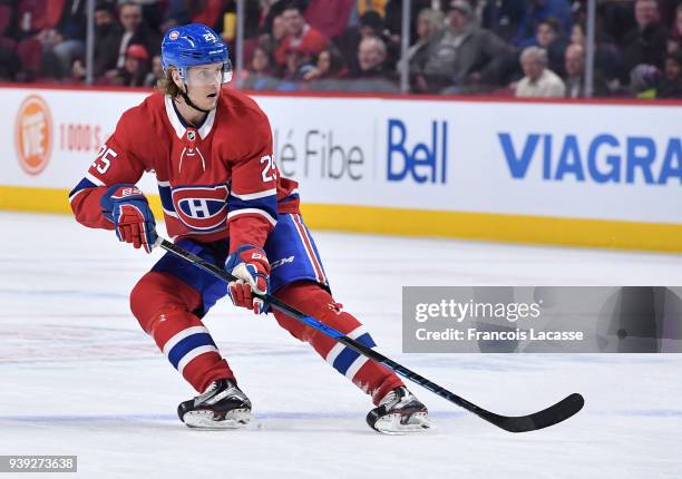 Jacob De La Rose of the Montreal Canadiens skates against the Florida Panthers in the NHL game at the Bell Centre on March 19, 2018 in Montreal,...