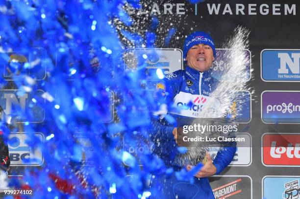 Podium / Yves Lampaert of Belgium and Team Quick-Step Floors / Celebration / Champagne / during the 73rd Dwars door Vlaanderen 2018 a 180,1km race...