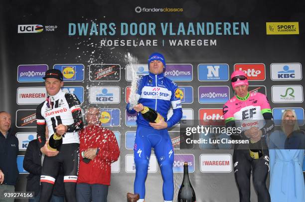 Podium / Mike Teunissen of The Netherlands and Team Sunweb / Yves Lampaert of Belgium and Team Quick-Step Floors / Sep Vanmarcke of Belgium and Team...