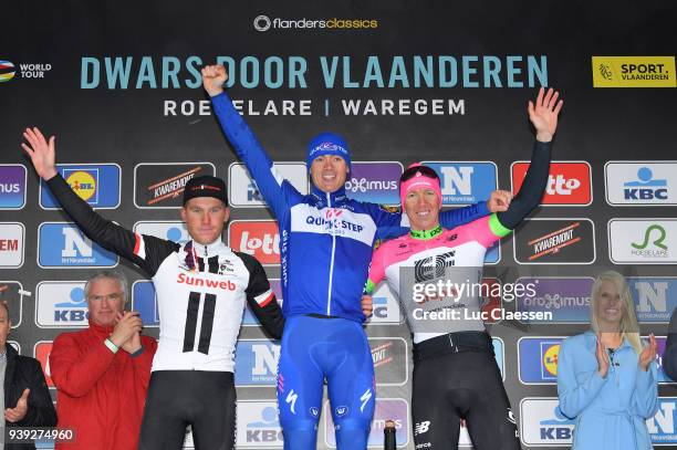 Podium / Mike Teunissen of The Netherlands and Team Sunweb / Yves Lampaert of Belgium and Team Quick-Step Floors / Sep Vanmarcke of Belgium and Team...