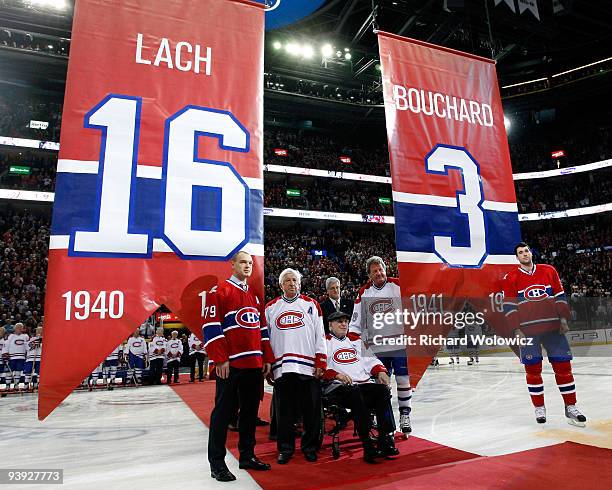 Former Montreal Canadiens Elmer Lach and Emile Bouchard are honored by having their numbers retired during the Centennial Celebration ceremonies...