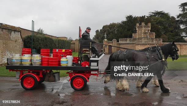 Derek and Paul drive a horse carriage delivering the new Harry & Meghan's Windsor Knot ale, a limited edition craft beer brewed to mark the royal...