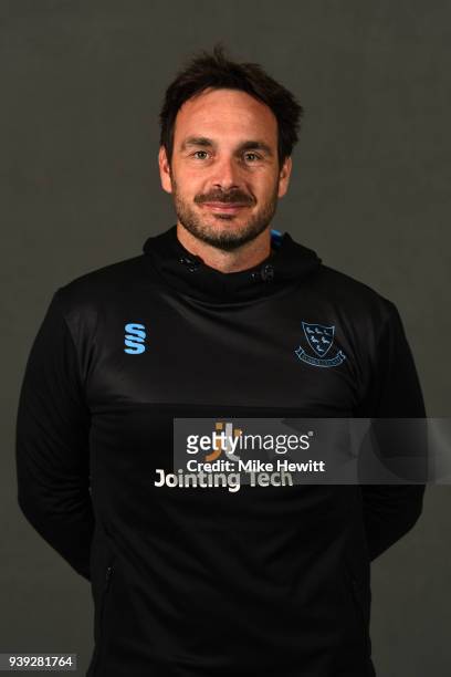 Batting coach Michael Yardy of Sussex poses for a portrait during a Sussex CCC photocall at The 1st Central County Ground on March 28, 2018 in Hove,...