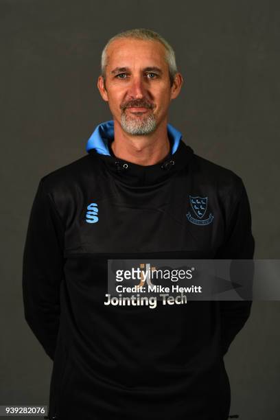 1st team coach Jason Gillespie of Sussex poses for a portrait during a Sussex CCC photocall at The 1st Central County Ground on March 28, 2018 in...