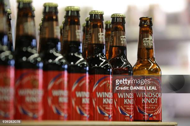 Bottles of the new Harry & Meghan's Windsor Knot ale, a limited edition craft beer brewed to mark the royal wedding of Prince Harry and Meghan...