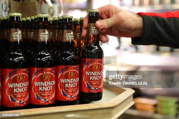 Bottles of the new Harry & Meghan's Windsor Knot ale, a limited edition craft beer brewed to mark the royal wedding of Prince Harry and Meghan...