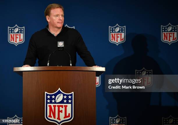 Commissioner Roger Goodell answers questions during the closing press conference at the 2018 NFL Annual Meetings at The Ritz-Carlton Orlando, Great...