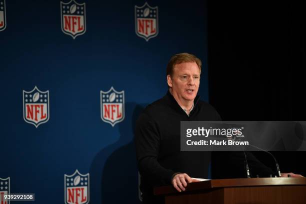 Commissioner Roger Goodell answers questions during the closing press conference at the 2018 NFL Annual Meetings at The Ritz-Carlton Orlando, Great...