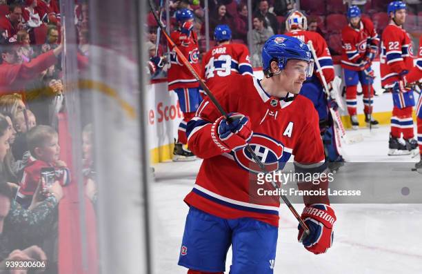 Brendan Gallagher of the Montreal Canadiens warms up prior to the game against the Washington Capitals in the NHL game at the Bell Centre on March...