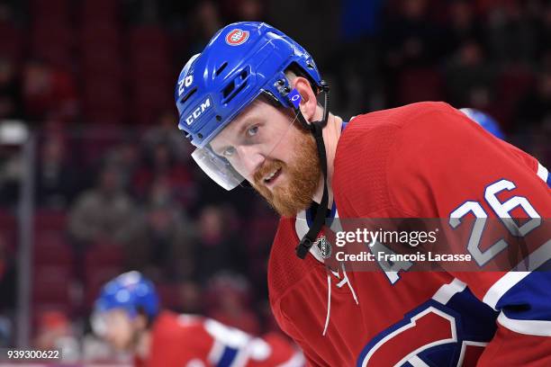 Jeff Petry of the Montreal Canadiens warms up prior to the game against the Washington Capitals in the NHL game at the Bell Centre on March 24, 2018...