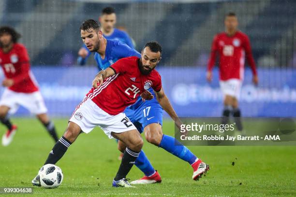 Mohamed Magdy of Egypt and Panagiotis Tachtsidis of Greece during the International Friendly match between Egypt and Greece at Stadion Letzigrund at...