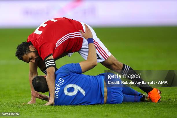 Ahmed Elmohamady of Egypt and Nikolaos Karelis of Greece during the International Friendly match between Egypt and Greece at Stadion Letzigrund at...