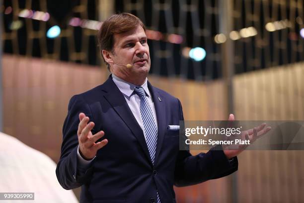 Ford Motor Company's Executive Vice President and president, Global Markets Jim Farley speaks about the 2019 Lincoln Aviator SUV as its unveiled at...