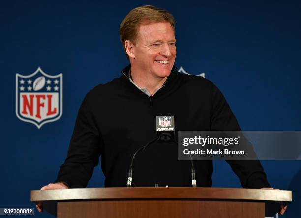 Commissioner Roger Goodell answers questions during the closing press conference at the 2018 NFL Annual Meetings at The Ritz-Carlton Orlando, Great...