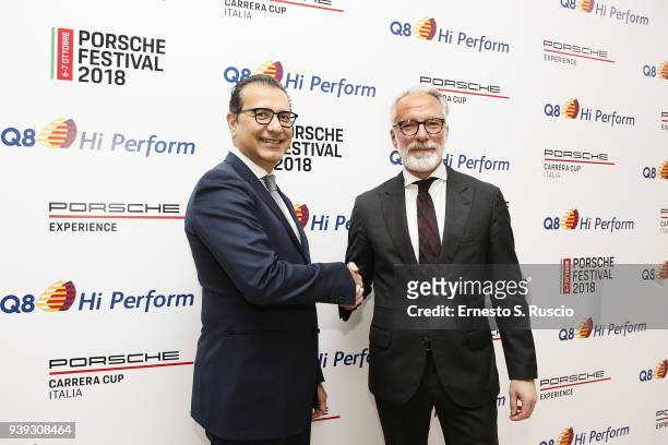 Kuwait Italia Azzam Almutawa and GM Porsche Italia Pietro Innocenti during the unveiling of the partnership between Porsche Italia and Q8 Hi Perform...
