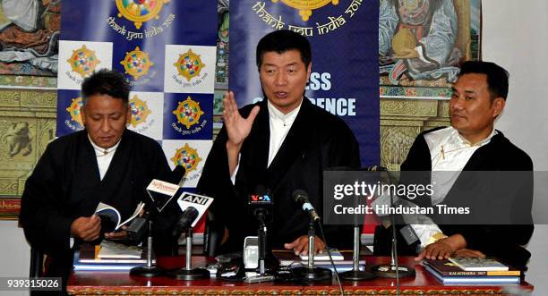 Tibetan Prime minister in exile Lobsang Sangay addressing media persons during a press Conference on March 28, 2018 in Dharamsala, India. Speaking on...