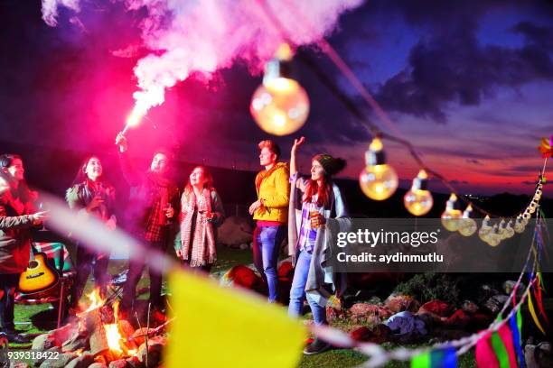 amis sur la plage de feu de camp - beach music festival photos et images de collection