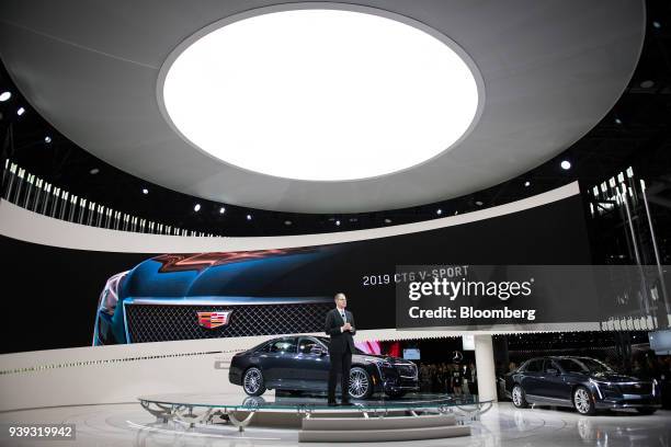 Johan de Nysschen, president of the General Motors Co. Cadillac unit, speaks while standing next to the Cadillac CT6 V-Sport vehicle during the 2018...