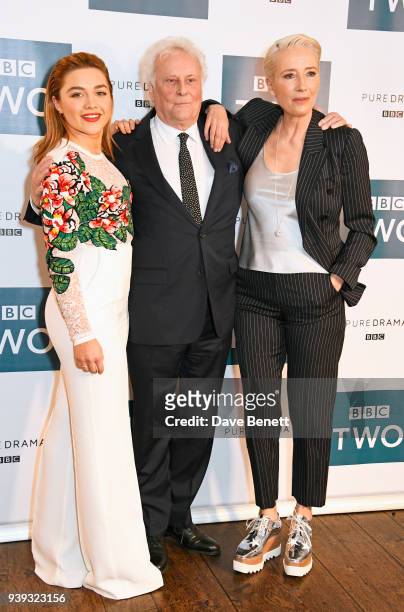 Florence Pugh, Sir Richard Eyre and Emma Thompson attend a special screening of new BBC Two drama "King Lear" at The Soho Hotel on March 28, 2018 in...