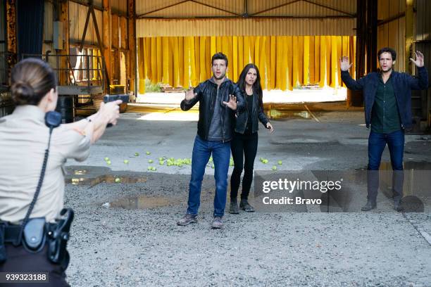 Fillion Bollar King" Episode 201 -- Pictured: Parker Young as Richard, Marianne Rendon as Jules, Rob Heaps as Ezra --