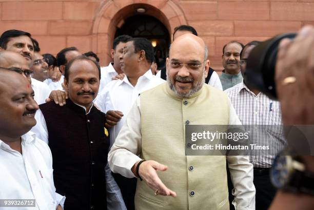 National President Amit Shah during the budget session, at Parliament House on March 28, 2018 in New Delhi, India. The Lok Sabha was adjourned...