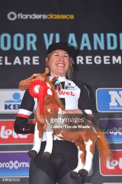 Podium / Ellen van Dijk of The Netherlands and Team Sunweb / Celebration / Trophy / during the 7th Dwars door Vlaanderen 2018 a 117,7km women's race...