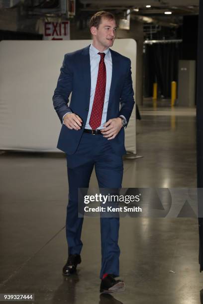 Cody Zeller of the Charlotte Hornets arrives at the arena before the game against the New York Knicks on March 26, 2018 at Spectrum Center in...