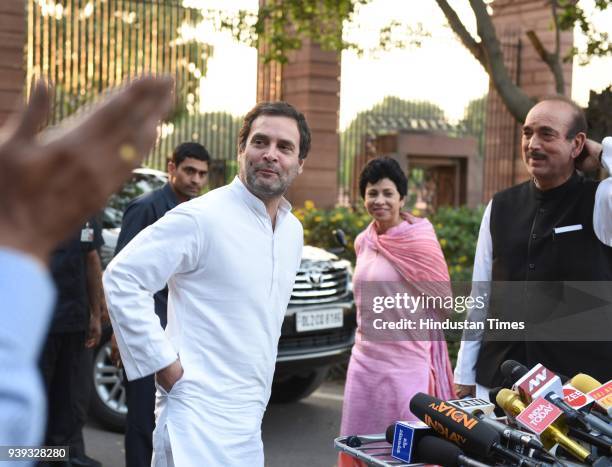 Congress President Rahul Gandhi after leading a delegation to President Ram Nath Kovind over the Supreme Court judgement diluting provisions of the...